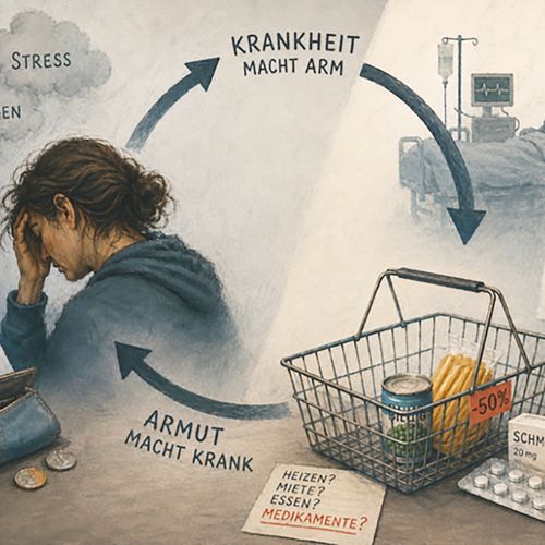 Einmal im Teufelskreislauf, ist der Weg hinaus schwierig: Eine Krankheit kann in Armut stürzen. Umgekehrt kann Armut weiter an der Gesundheit nagen. / llustration: erstellt mit ChatGPT