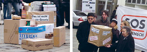 Auf der SOS Mitmensch-Demo in Aktion: Schauspieler Josef Hader, SOS-Mitmensch-Sprecher Alexander Pollak, Menschenrechtsanwältin Nadja Lorenz, Ko-Initiatorin Romy Grasgruber, Flüchtlingshelferin Ute Bock.